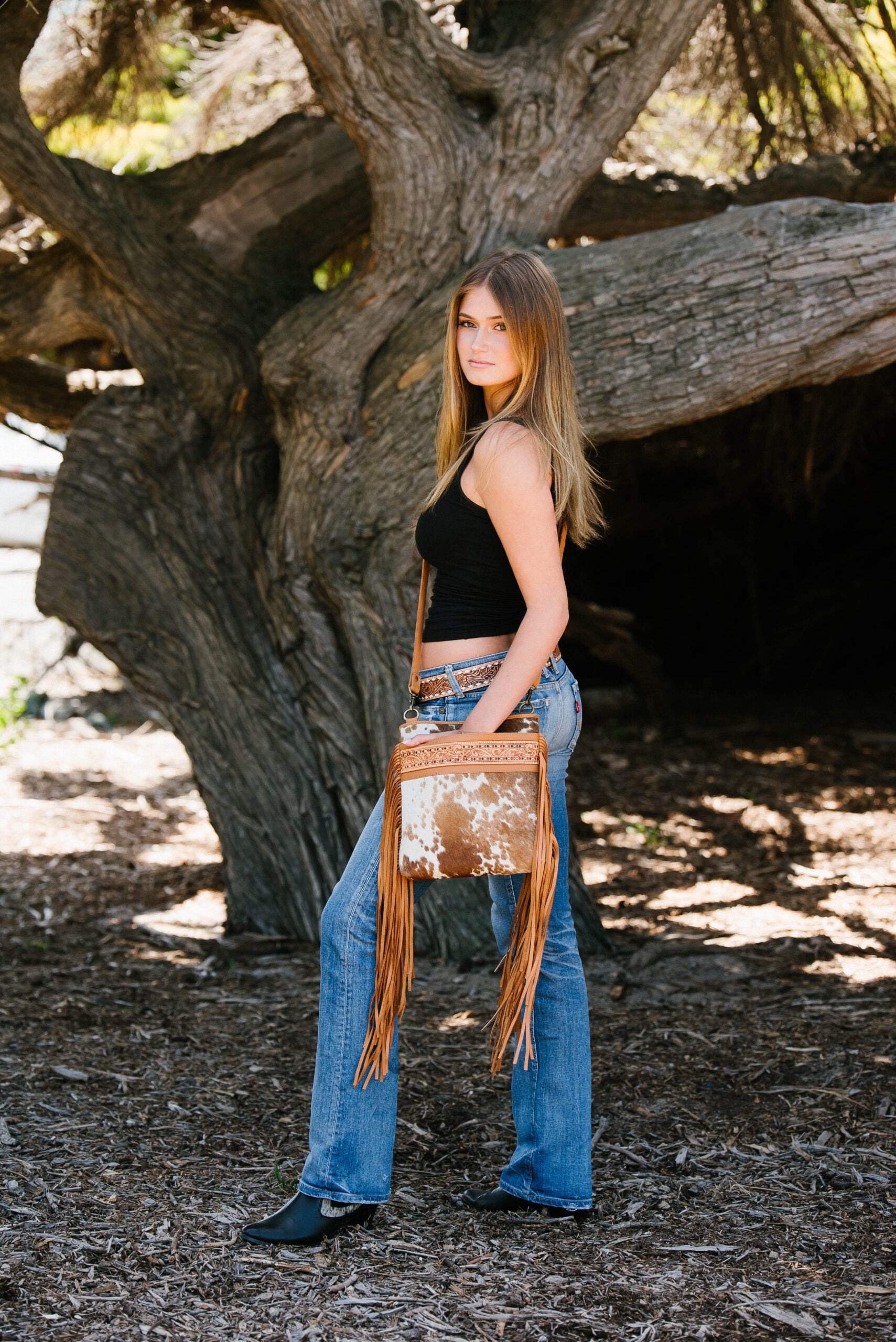The Clarence | Hand-Painted Tooling Leather Medium Sling Bag with Fringes