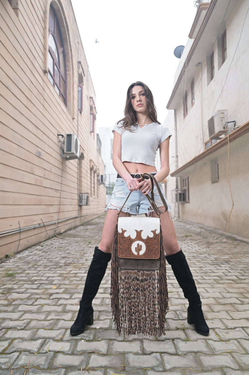 The Gibson | Tooling Leather Flap Sling Cowhide Bag with Fringes