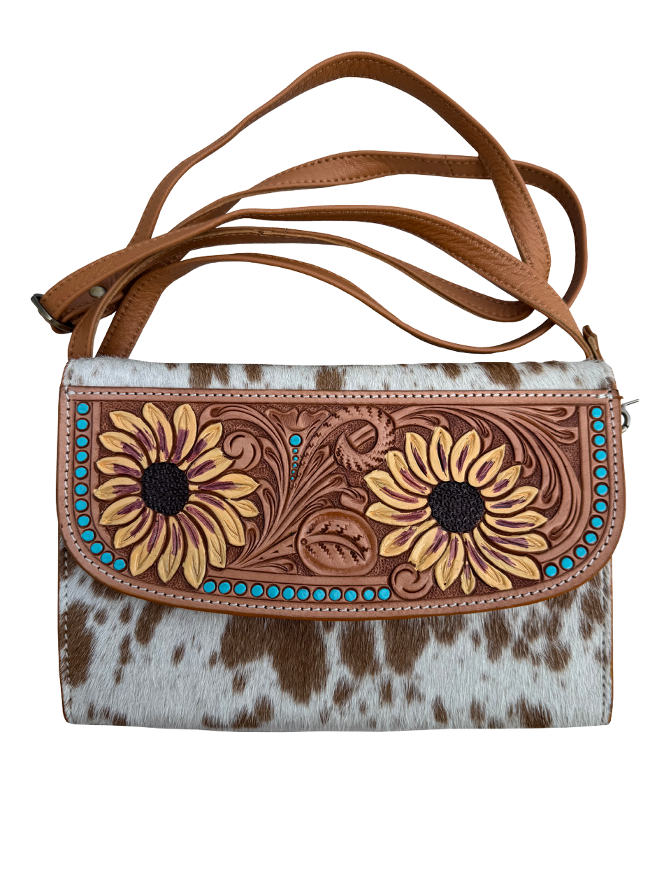 The Cancun | Cowhide Sunflower Tooled Leather Wallet Bag