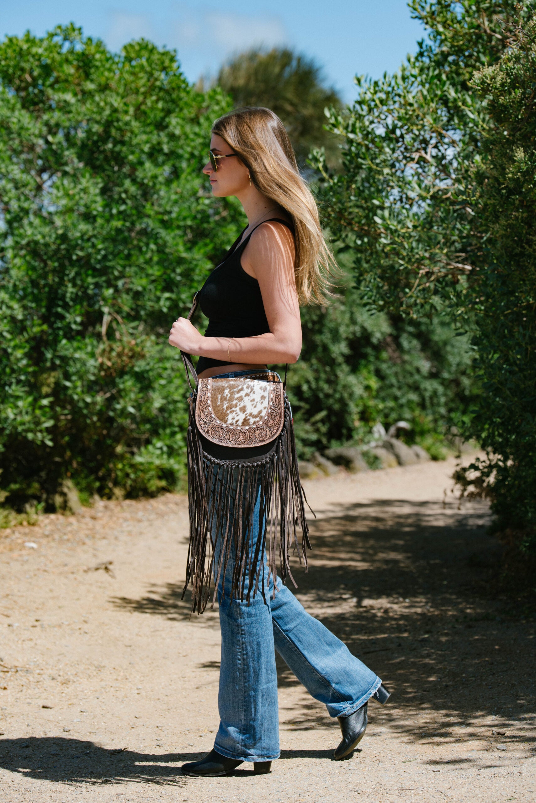 The Cumana | Tooled Cowhide Flap Bag With Fringes