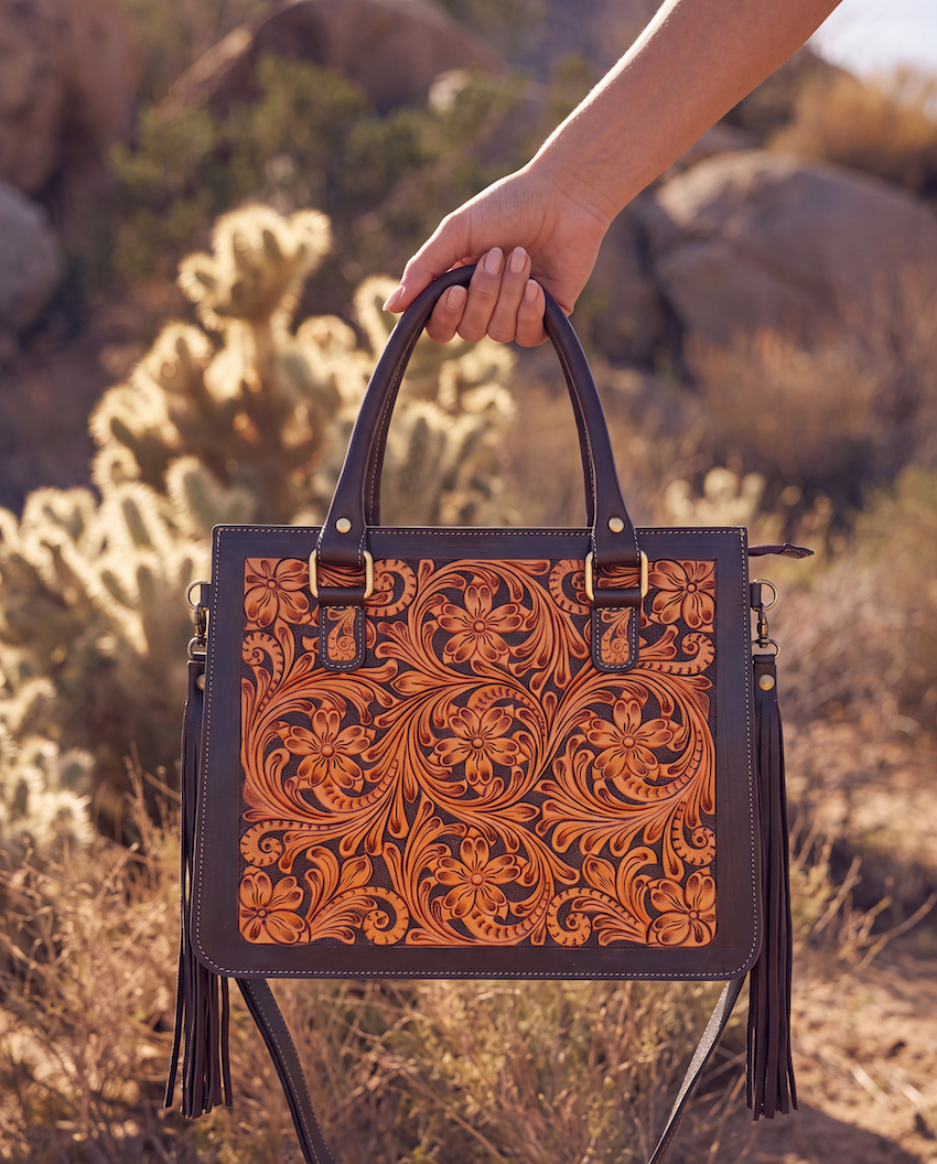 The Carmen | Two-Tone Hand-Tooled Leather Tote Bag