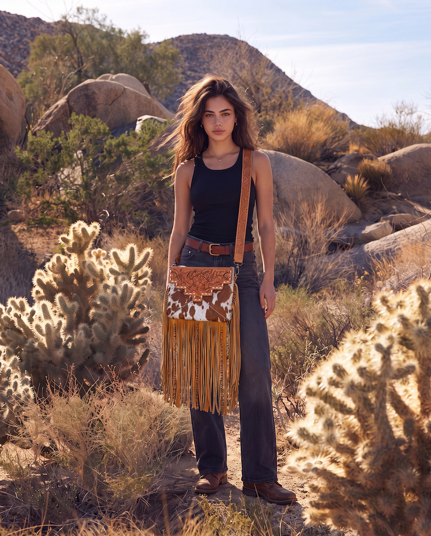 The Machala | Cowhide Sling Bag With Fringes & Buckstitch