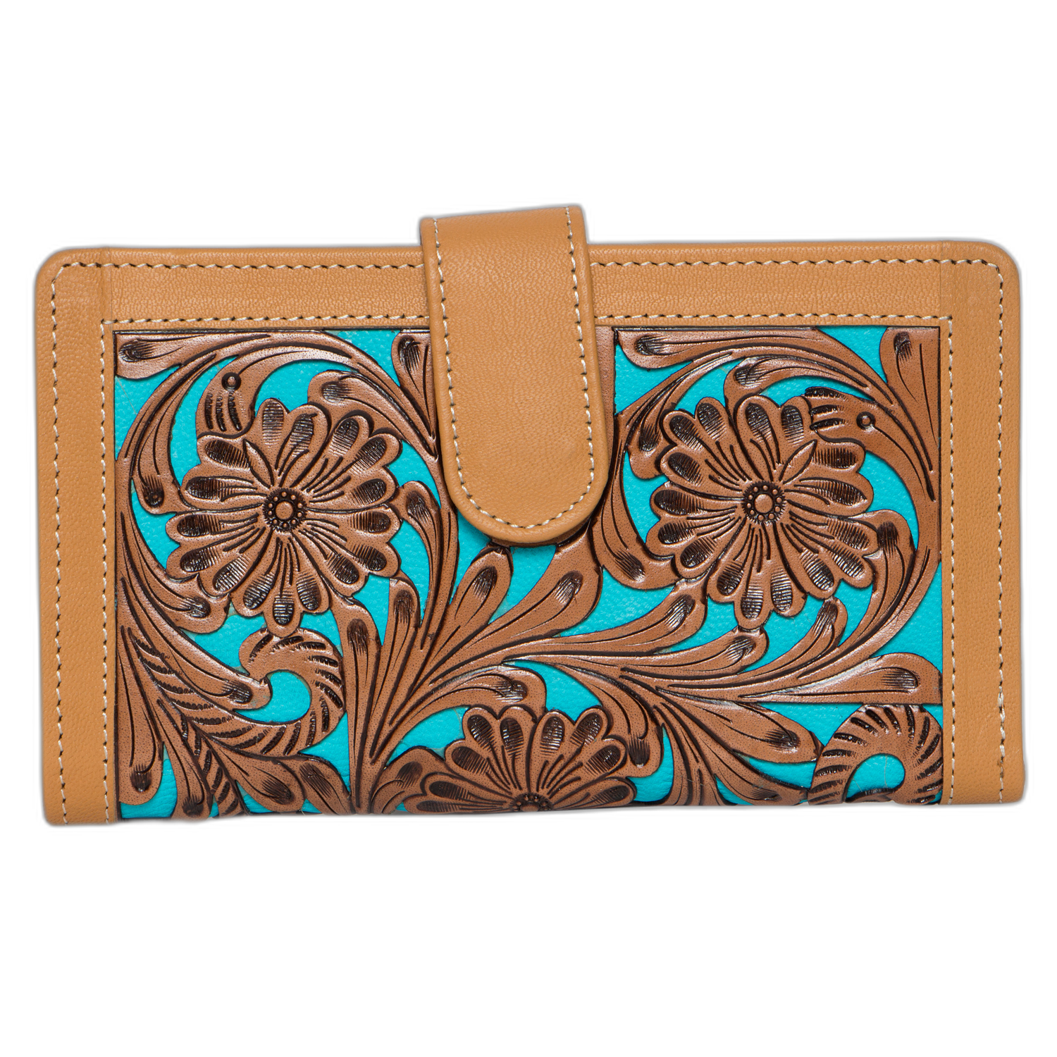 The TLW25 TURQ | Tooling Leather Carved Clutch Wallet with Turquoise Base
