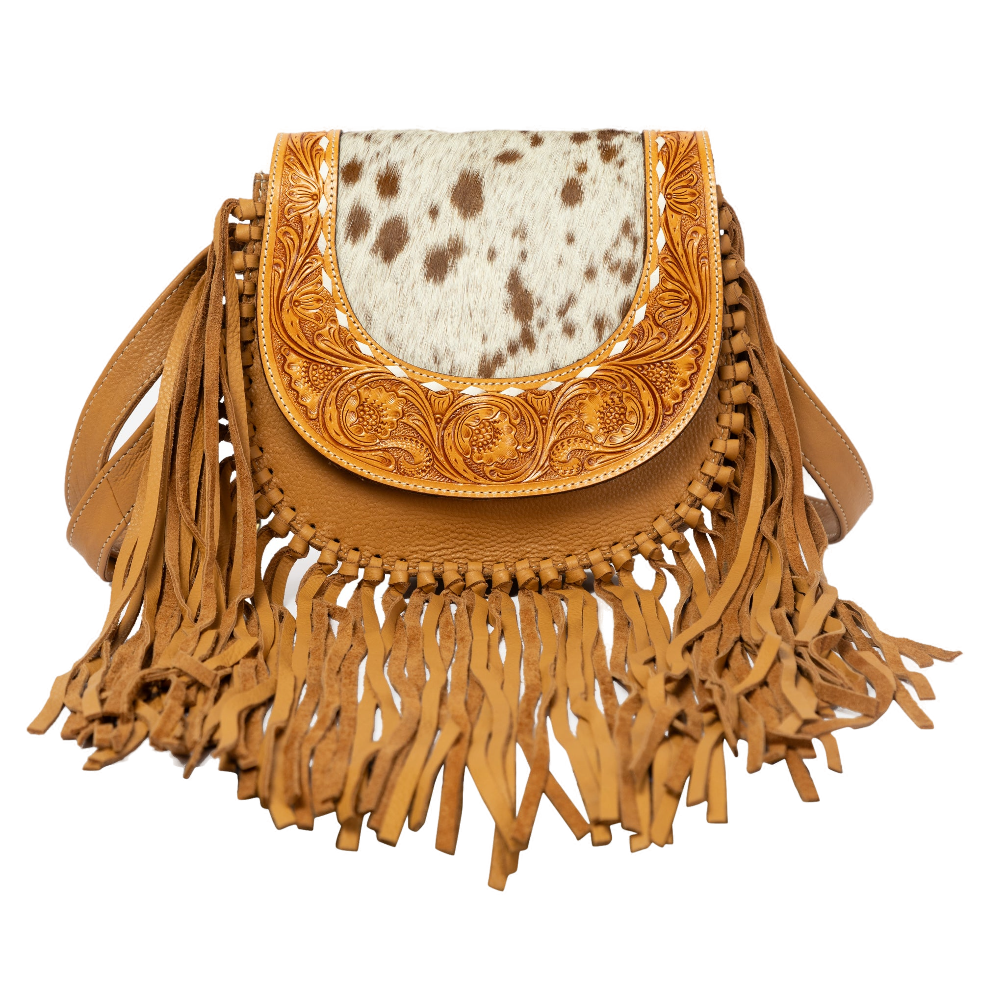 The Cumana | Tooled Cowhide Flap Bag With Fringes