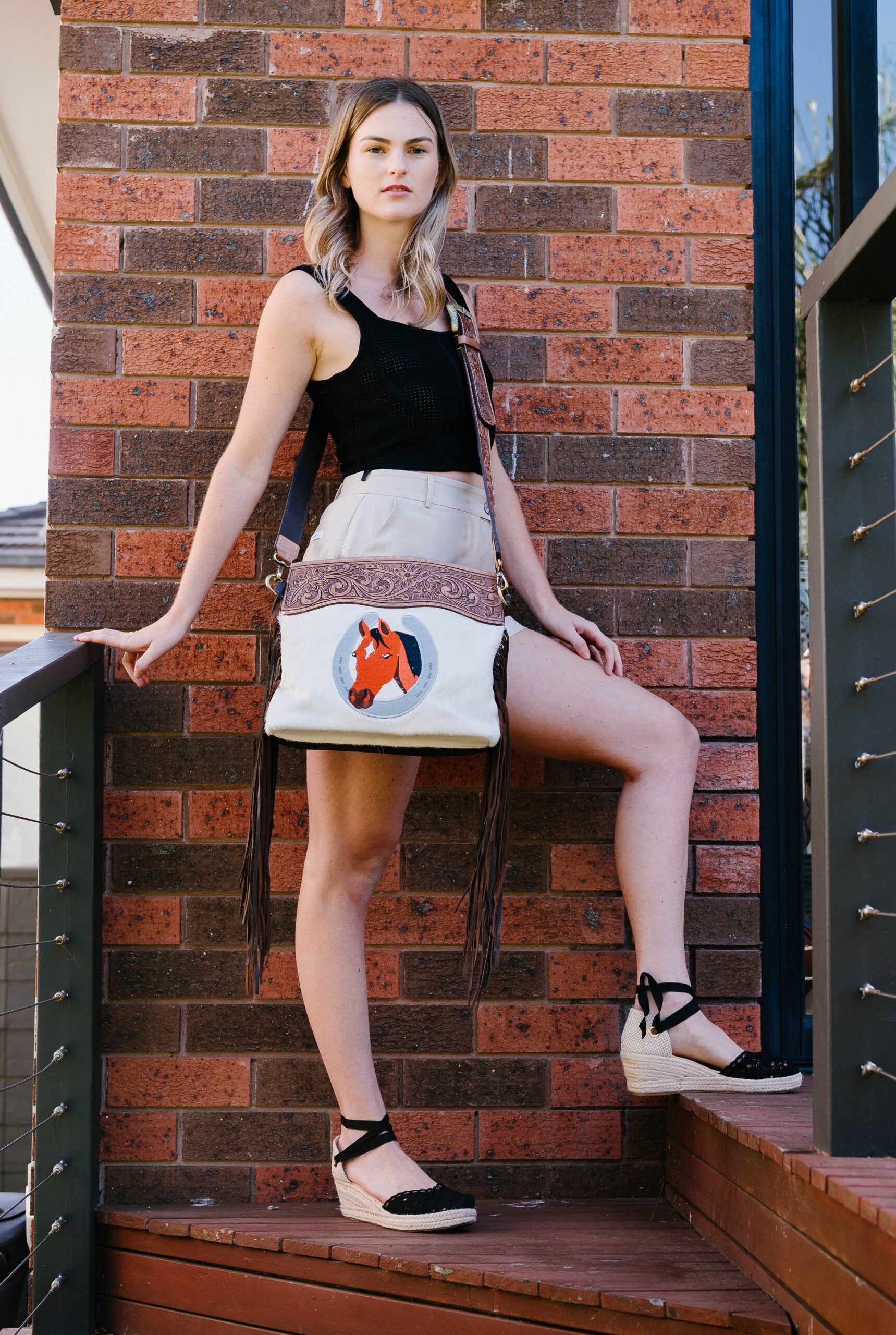 The Horse Embroidery Bag | Tooling Leather Medium Cowhide Bag with Horse Shoe Embroidery