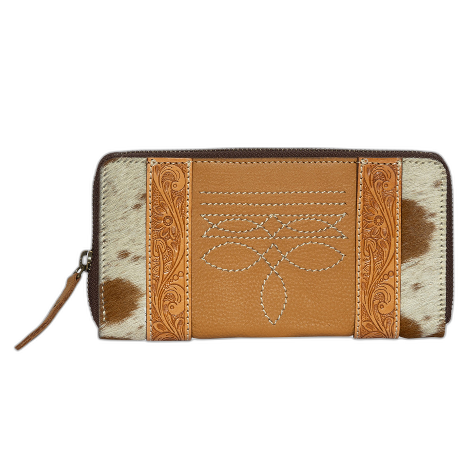The Moore | Cowhide & Tooling Leather Boot Stitch Zippered Wallet