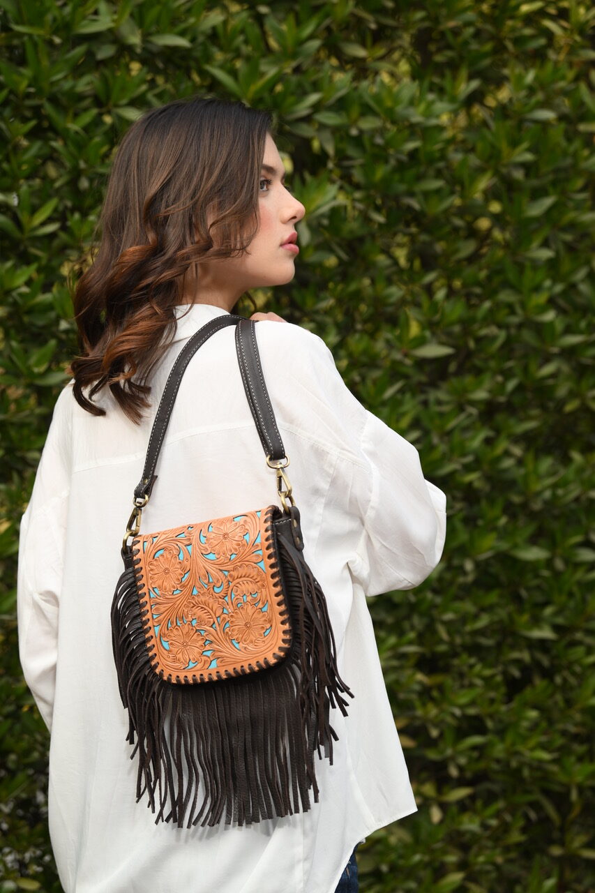 The Turquoise Sling | Tooling Leather Hand Carved Flap Sling Bag