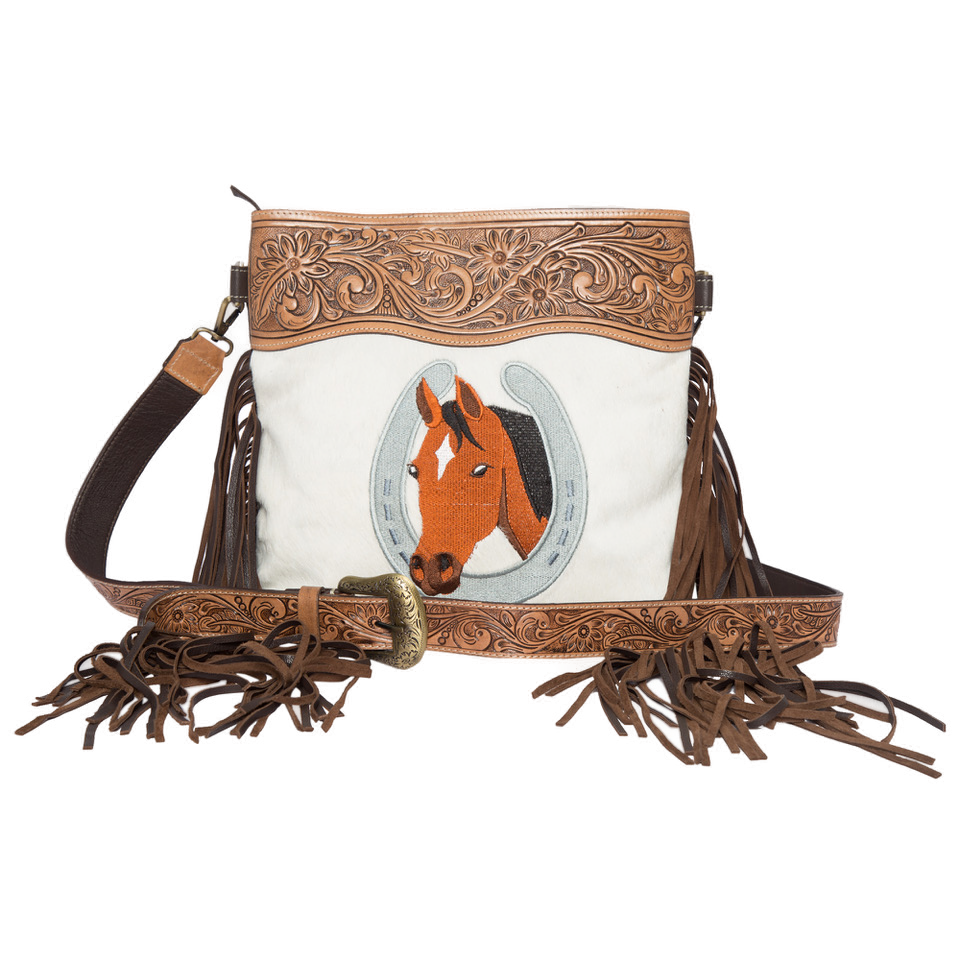 The Horse Embroidery Bag | Tooling Leather Medium Cowhide Bag with Horse Shoe Embroidery