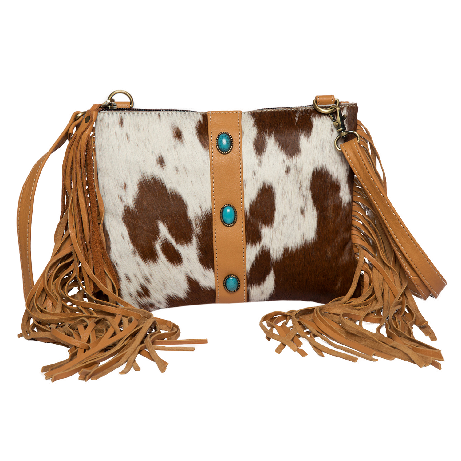 The Mornington | Cowhide Clutch Bag with Turquoise Stonework and Fringes