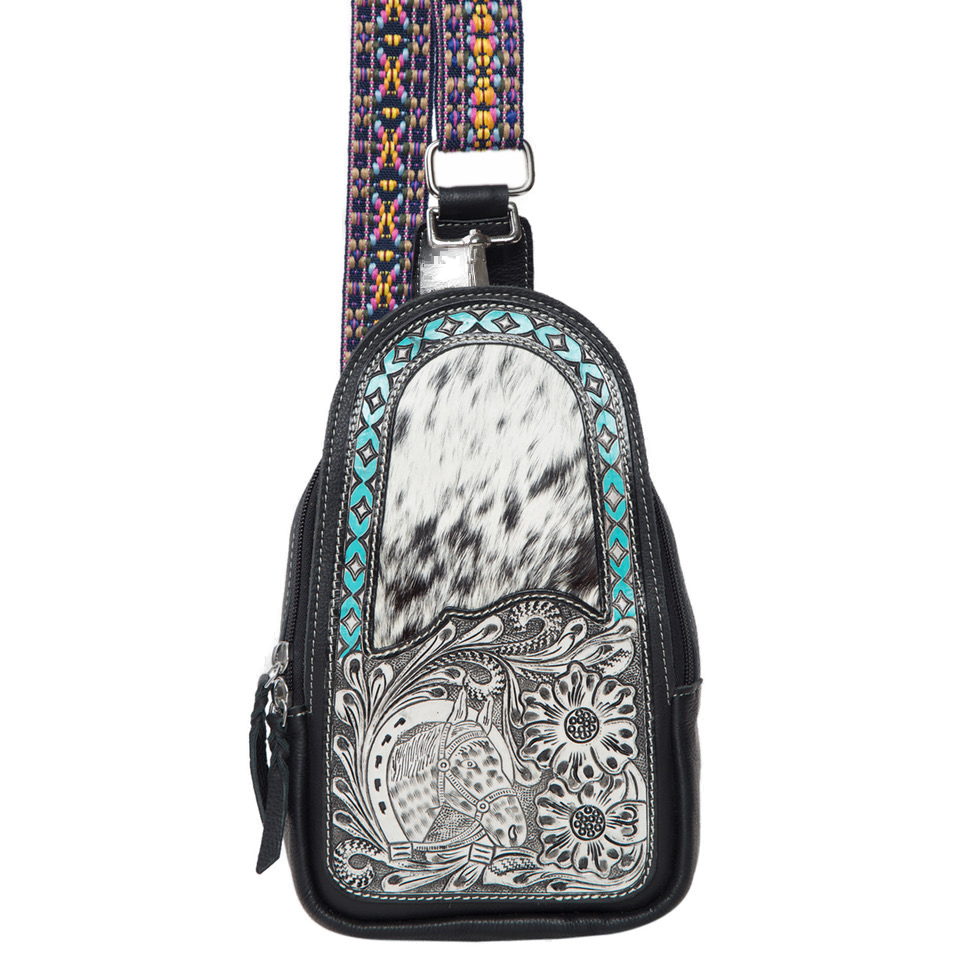 The Pucon | Tooling Leather Cowhide Knapsack with Horse Motif and Turquoise Highlights