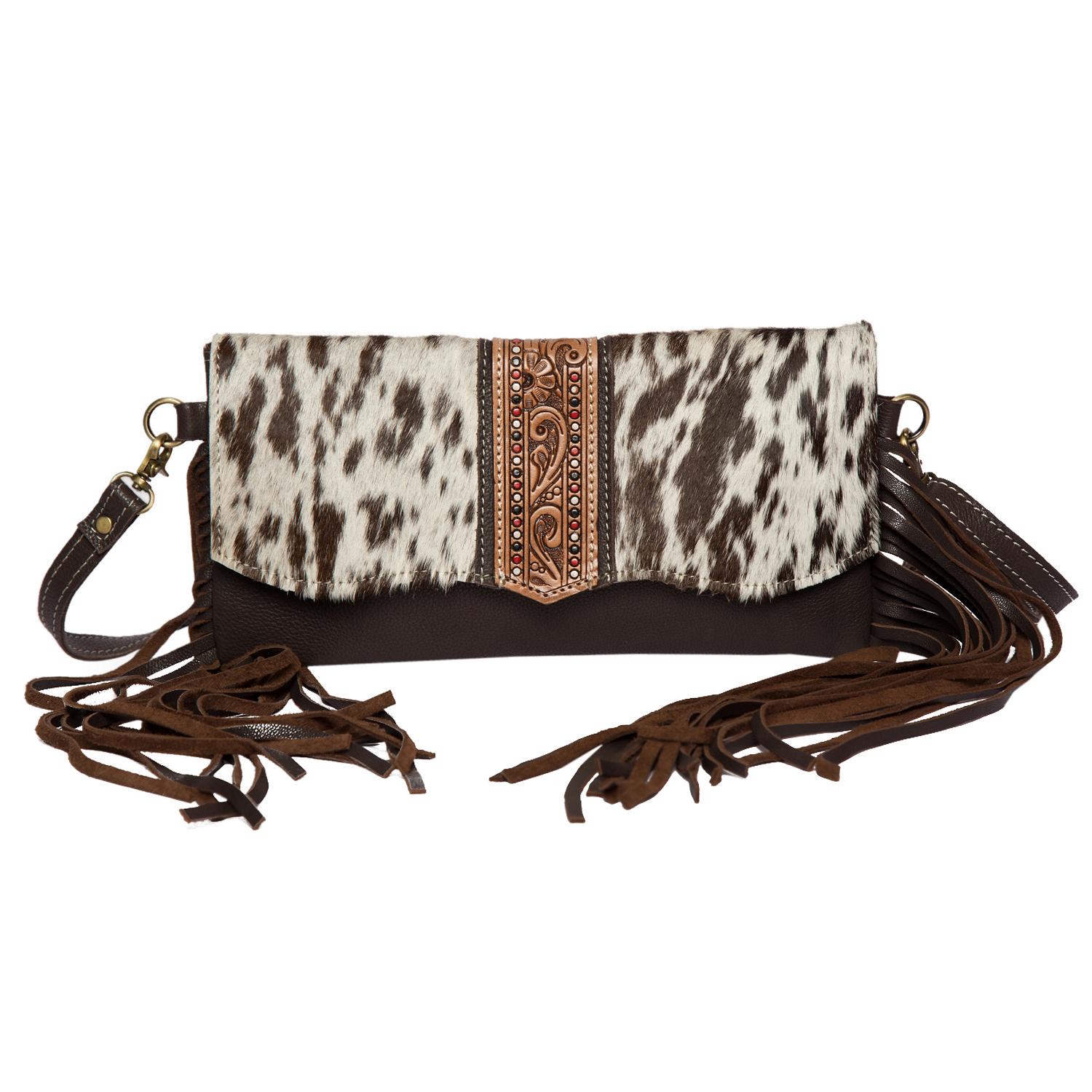 The Dawson | Hand-Painted Tooling Leather Flap Cowhide Bag with Fringes