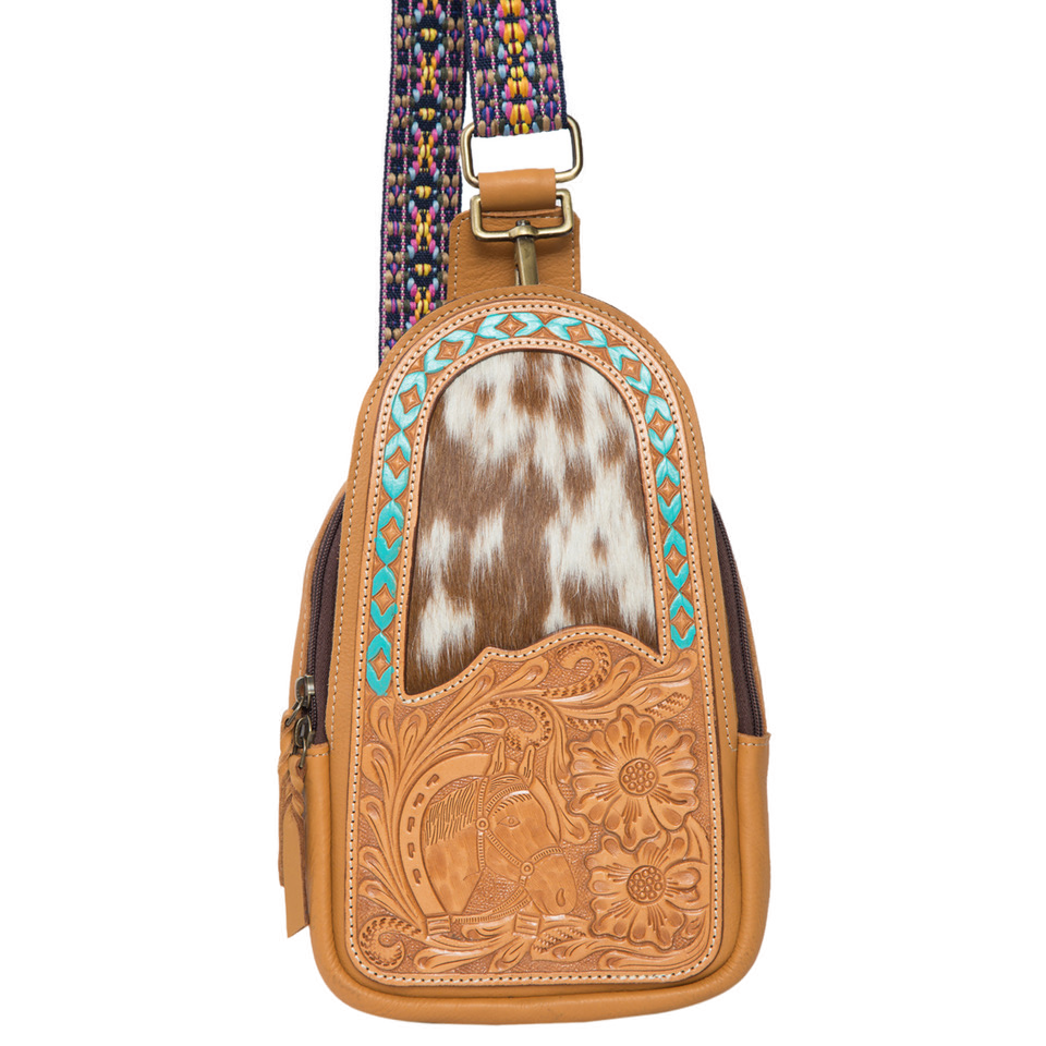 The Pucon | Tooling Leather Cowhide Knapsack with Horse Motif and Turquoise Highlights
