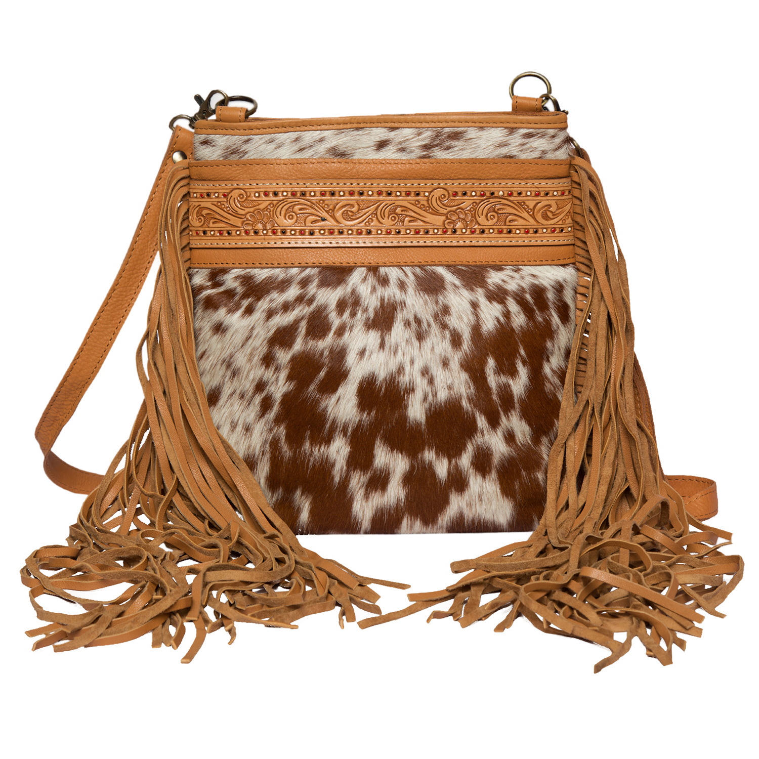 The Clarence | Hand-Painted Tooling Leather Medium Sling Bag with Fringes