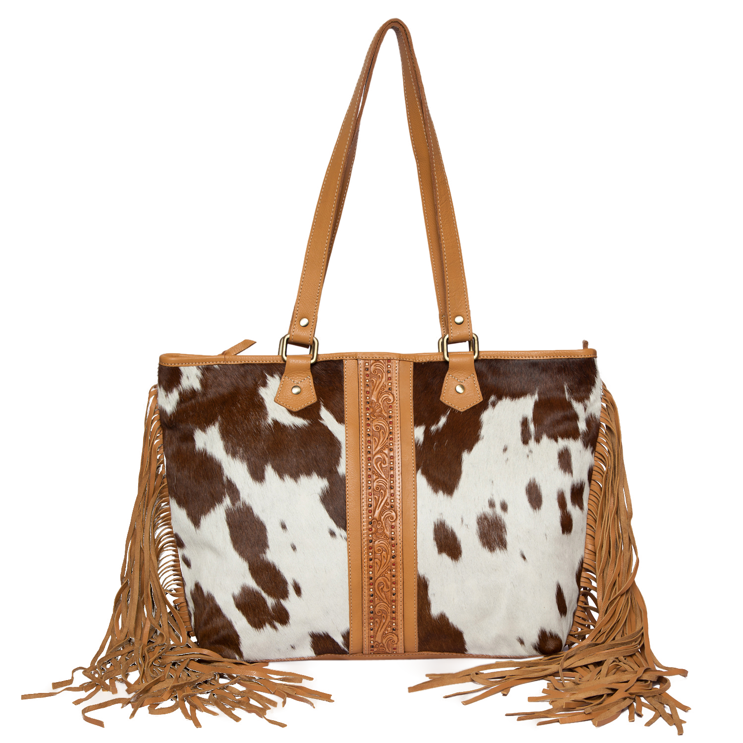 The Navarino | Hand-Painted Tooling Leather Big Cowhide Bag with Fringes