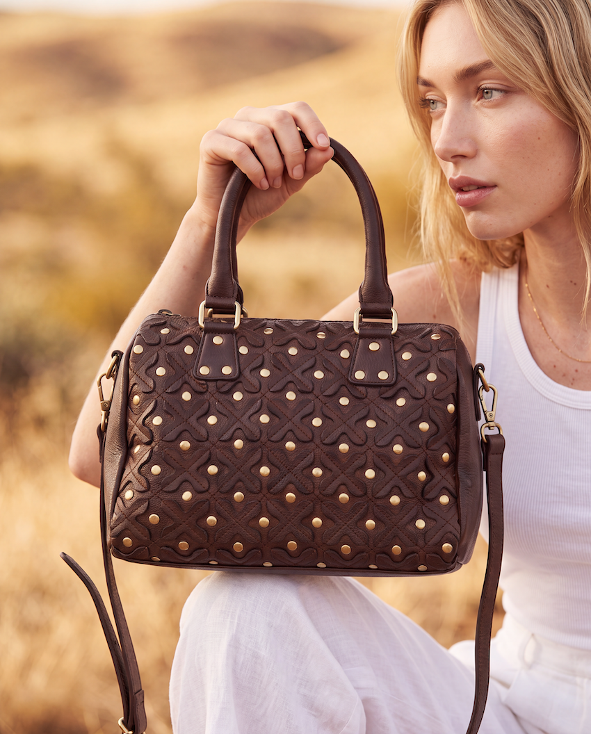 The Glasson | Woven Washed Leather Boston Bag With Studs