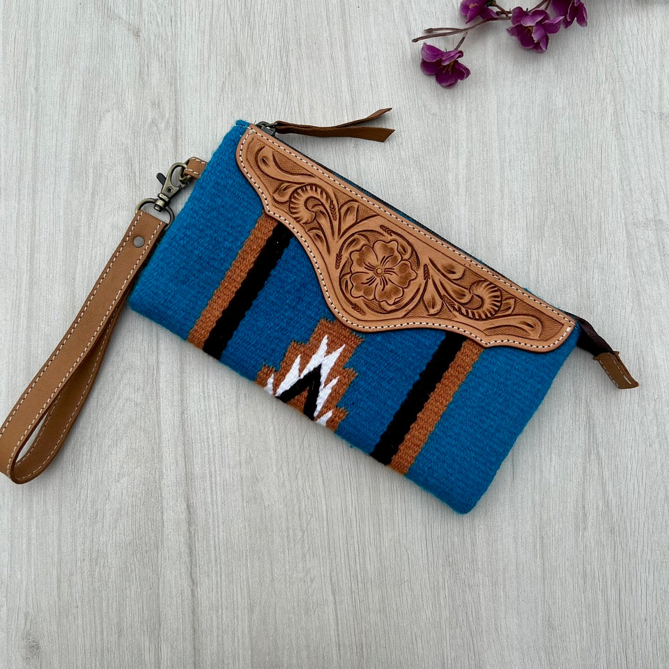 The Blue Saddle Blanket Clutch | Tooled Leather Wristlet