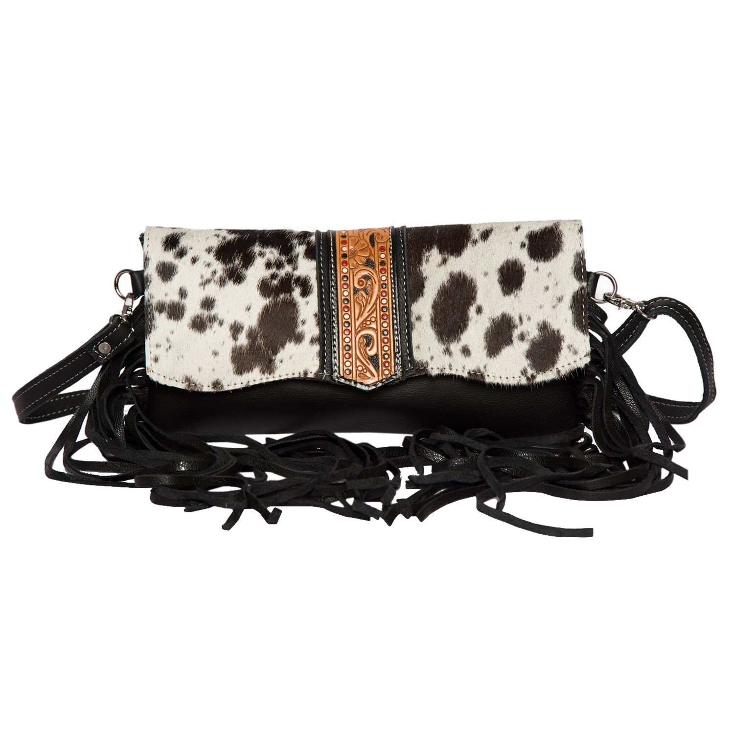 The Dawson | Hand-Painted Tooling Leather Flap Cowhide Bag with Fringes