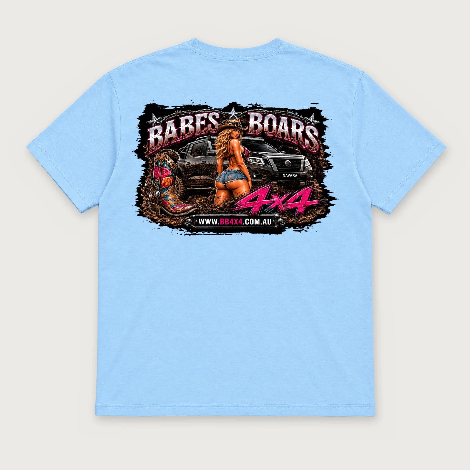 BB4x4 Light Blue T-shirt, back printed with BB63 Babes & Boars: Nissan Navara