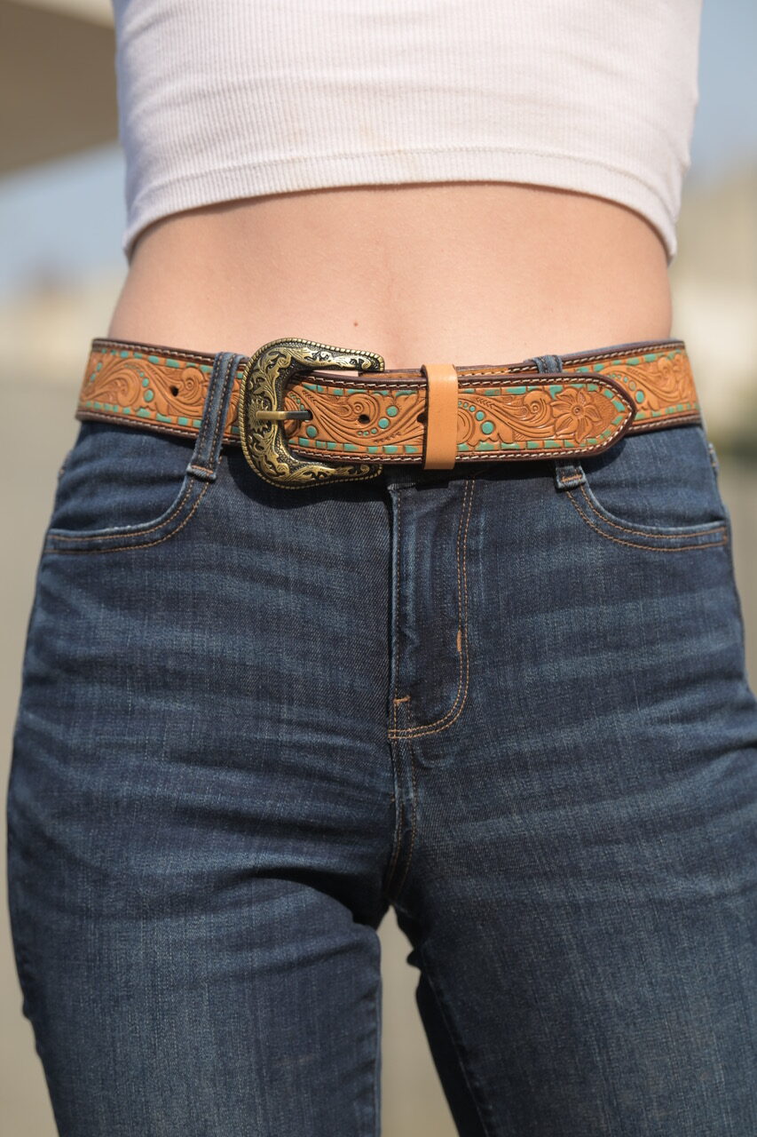 The Turquoise Highlight | Tooled Leather Belt with Removable Buckle