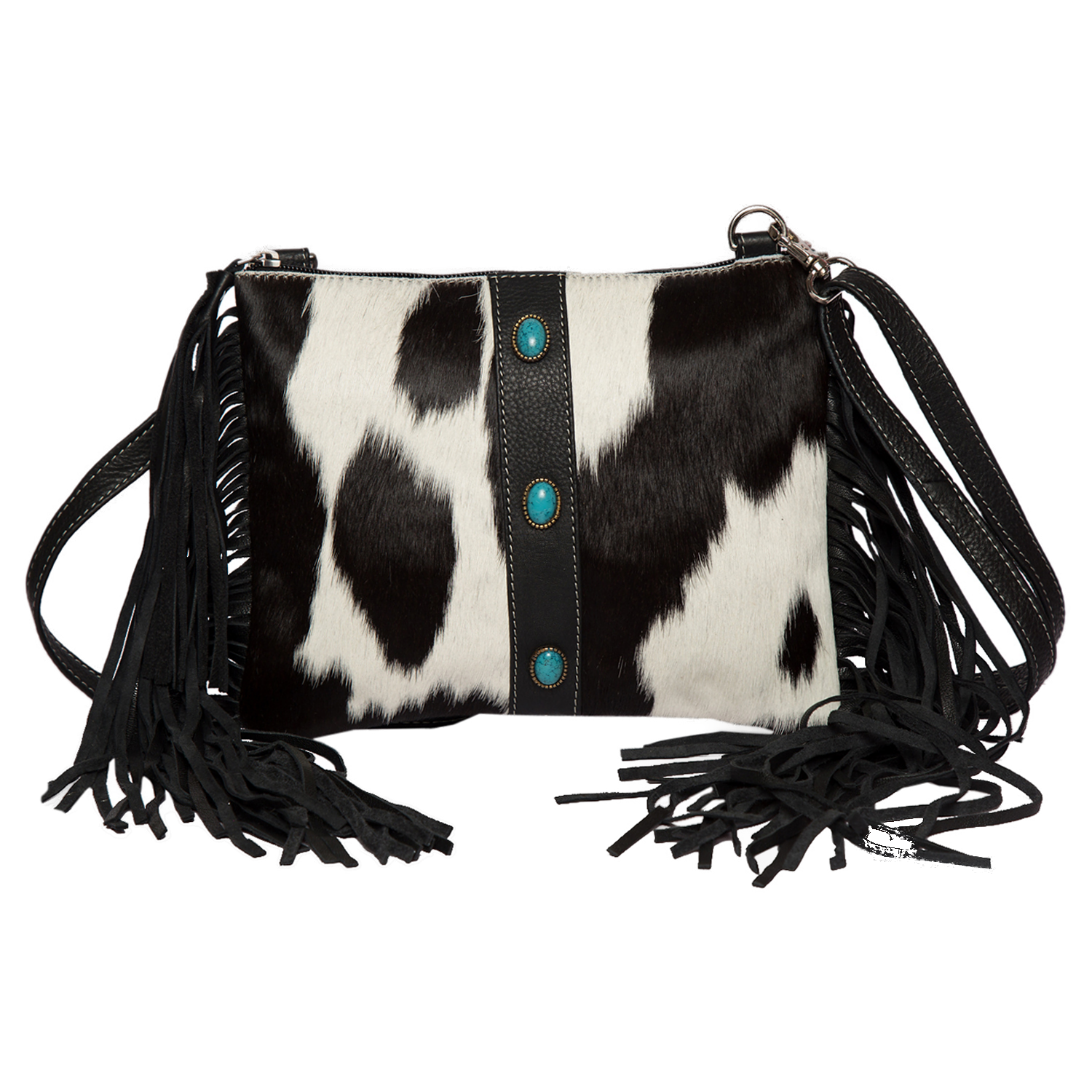 The Mornington | Cowhide Clutch Bag with Turquoise Stonework and Fringes