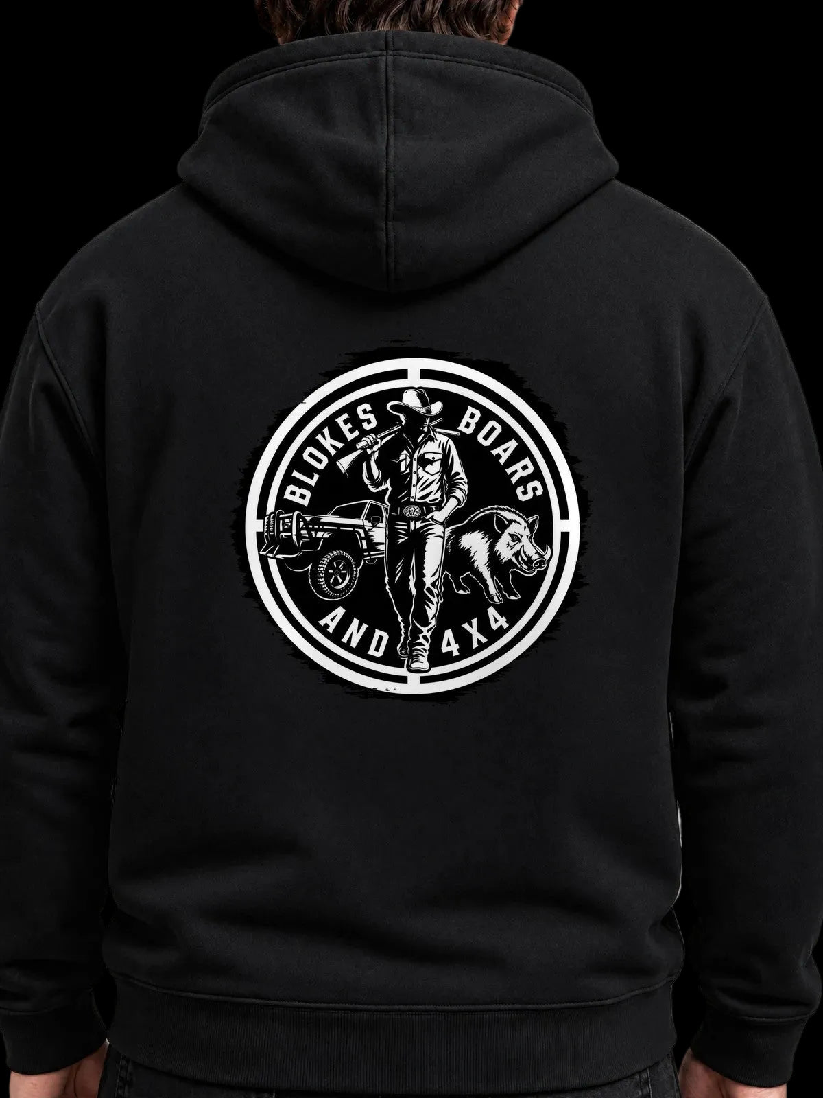 BB4x4 Black Hoodie, back printed with BB4 Blokes, Boars & 4x4 Crest