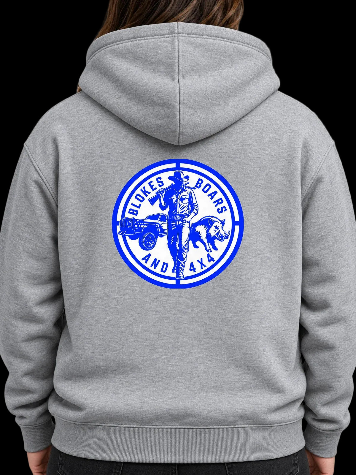 BB4x4 Grey Hoodie, back printed with BB6 Blokes, Boars & 4x4 Crest (Blue)