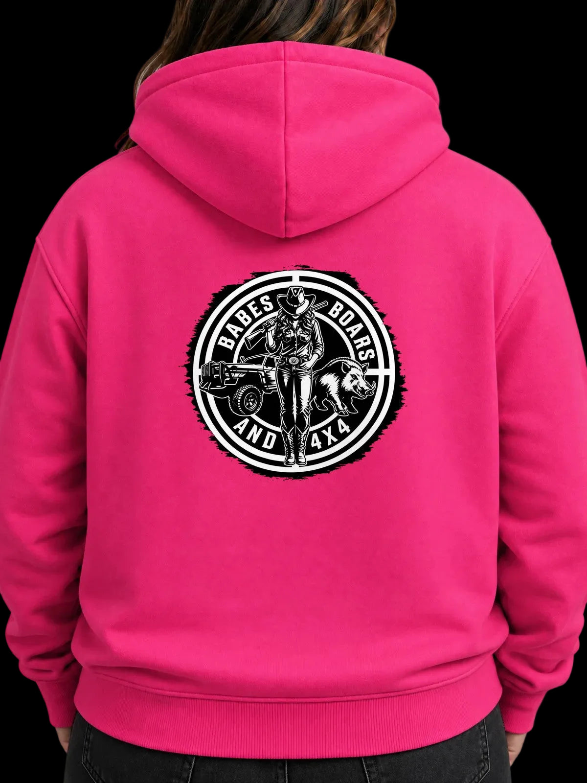 BB4x4 Hot Pink Hoodie, back printed with BB2 Babes, Boars & 4x4 Crest