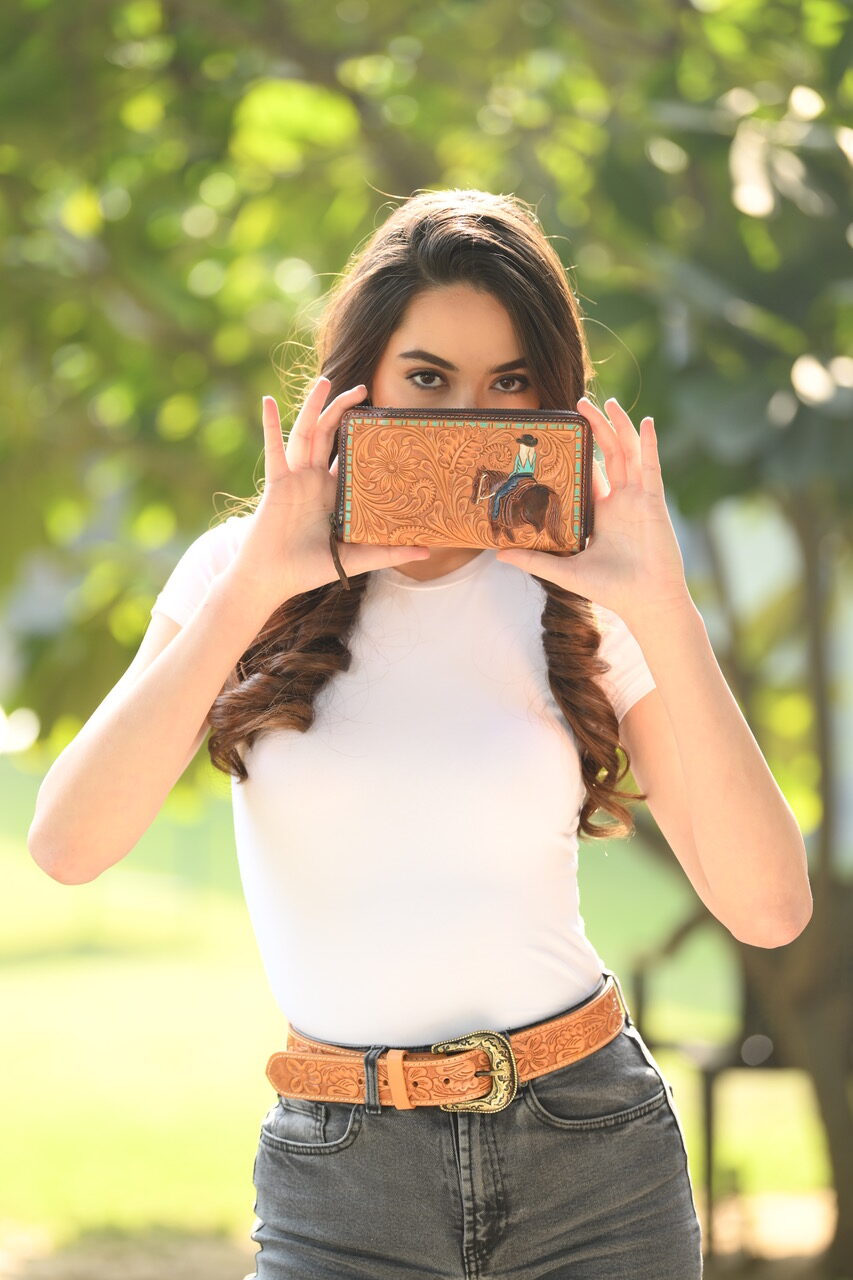 The Tortle | Tooling Leather Horse Wallet with Turquoise Paint Highlight