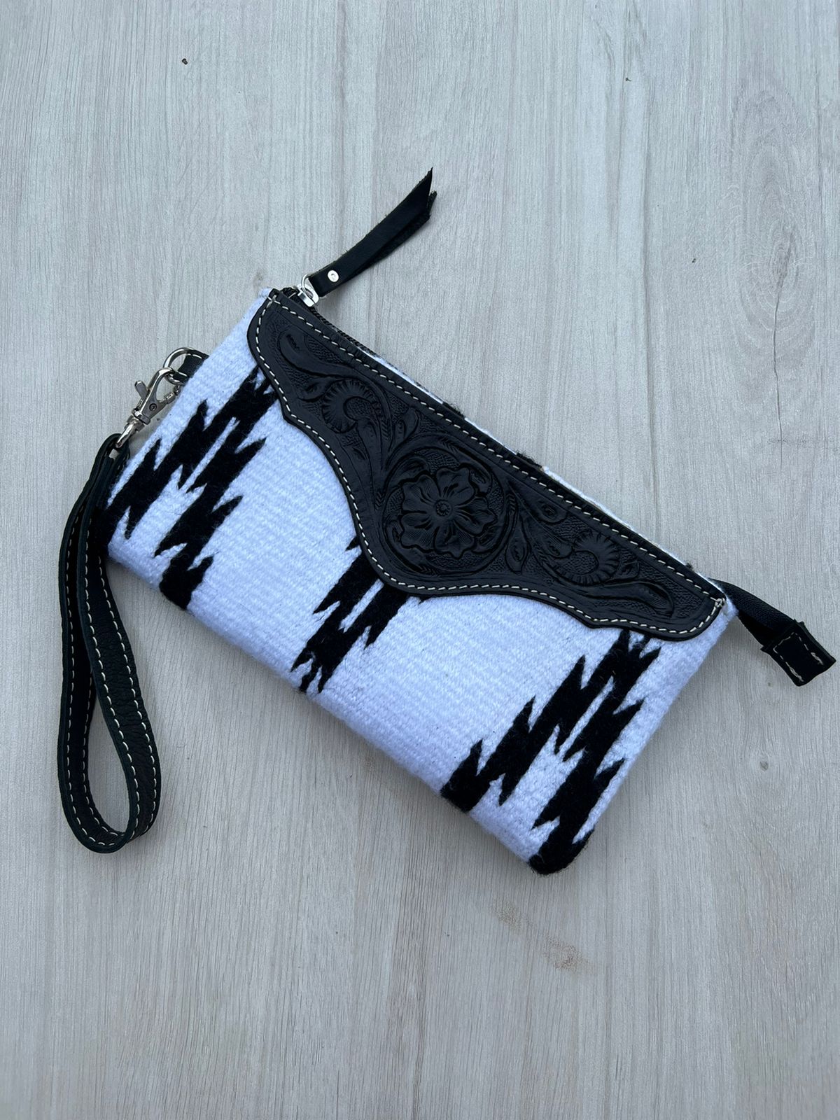 The Black & White Saddle Blanket Clutch | Tooled Leather Wristlet