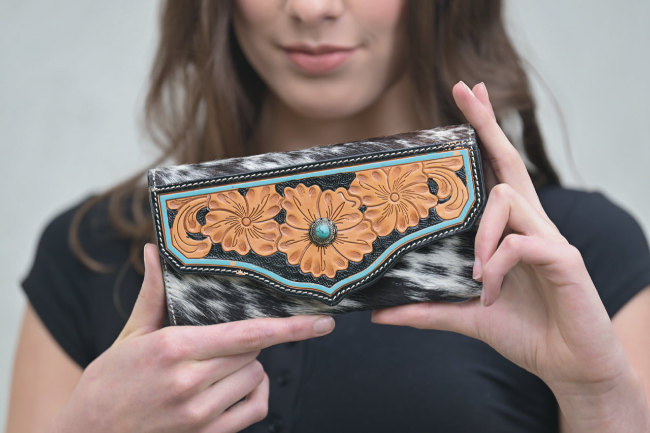 The Eden | Cowhide Tooling Leather Wallet With Turquoise Stonework