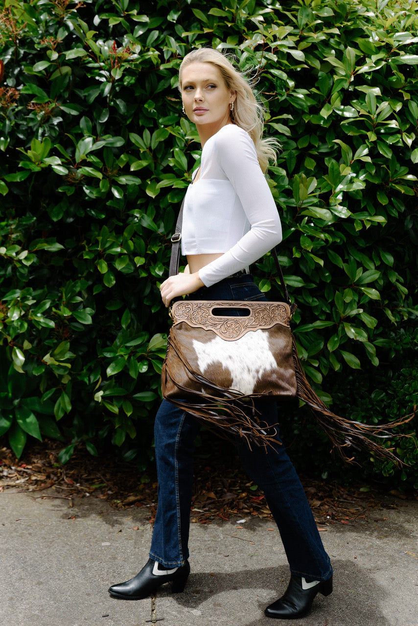 The Cusco | Tooling Leather Cowhide Bag with Fringes