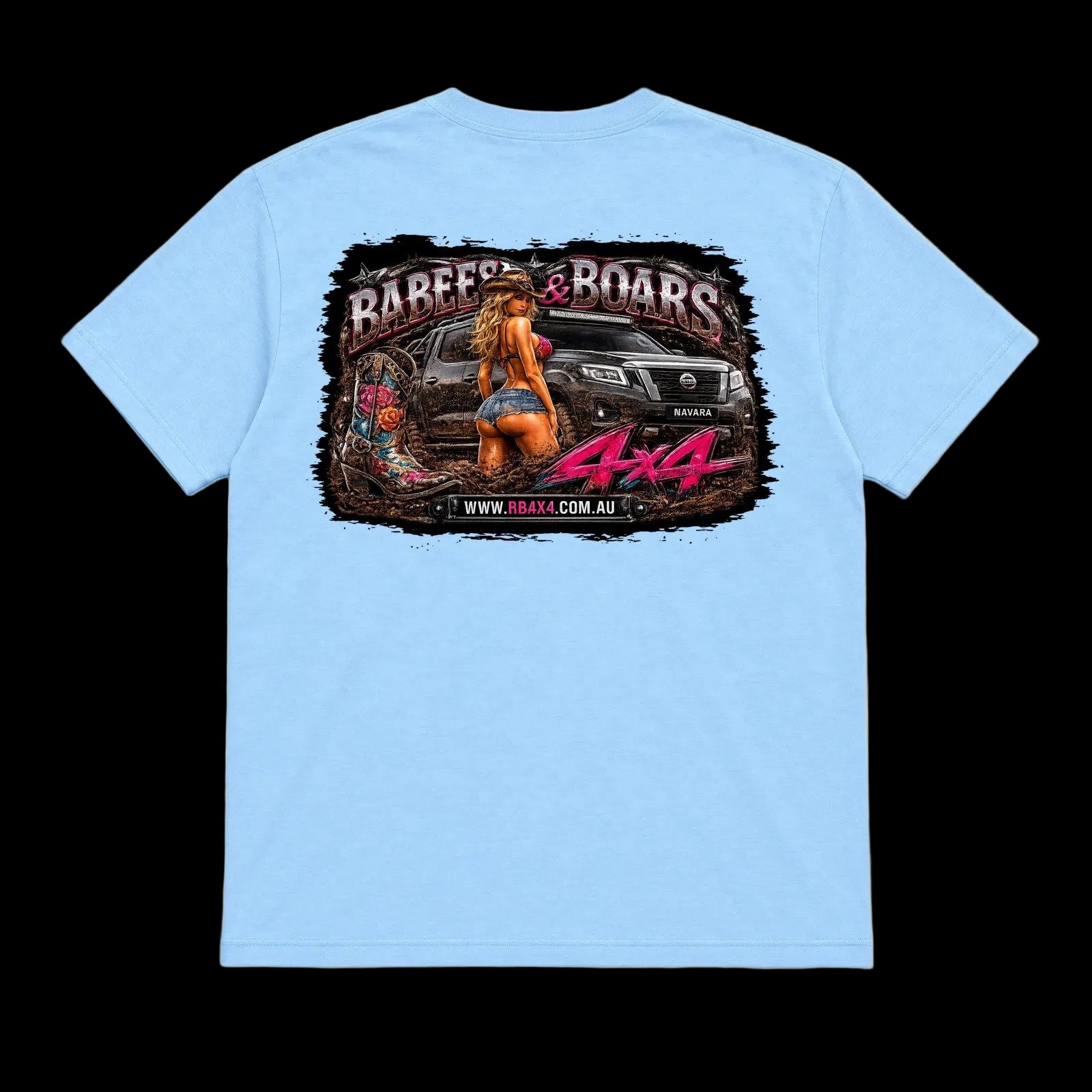 BB4x4 Light Blue T-shirt, back printed with BB63 Babes & Boars: Nissan Navara