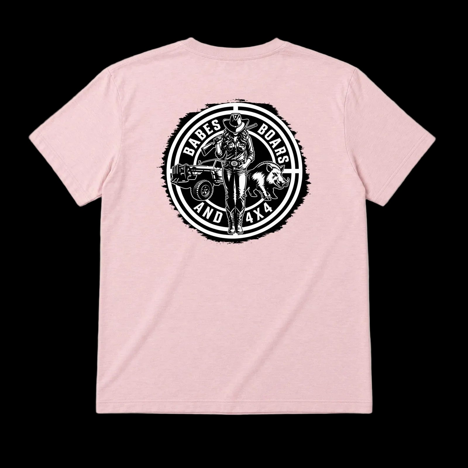 BB4x4 Light Pink T-shirt, back printed with BB2 Babes, Boars & 4x4 Crest