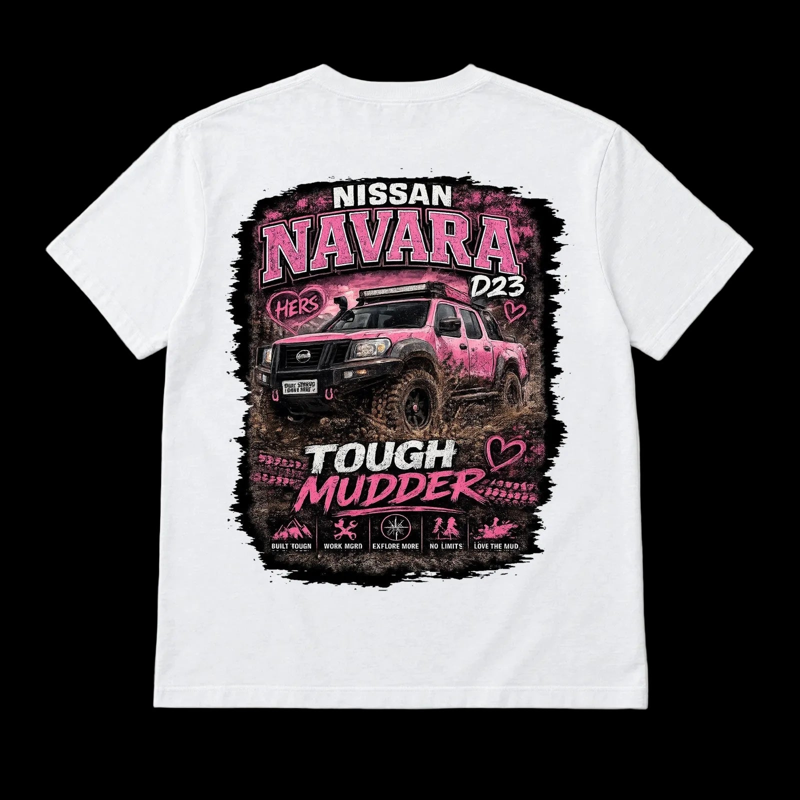 BB4x4 White T-shirt, back printed with BB14 Nissan Navara D23 Hers