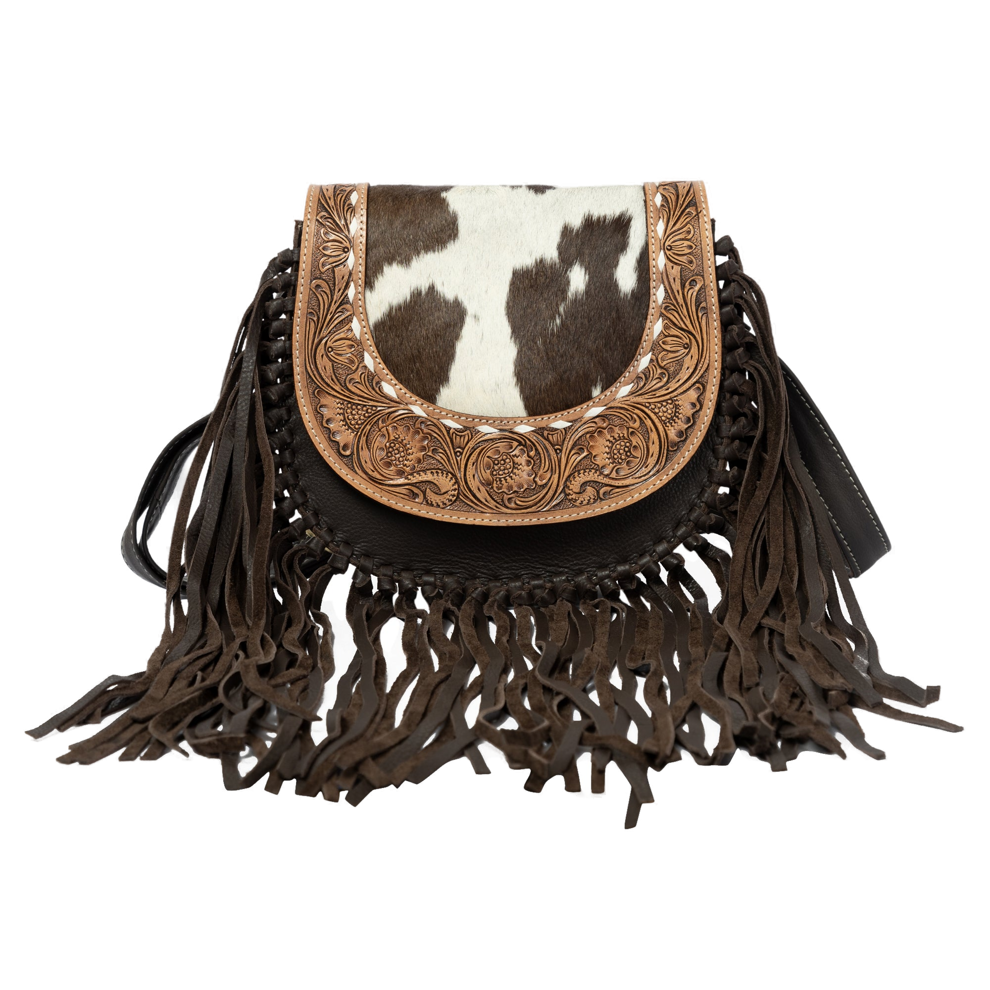The Cumana | Tooled Cowhide Flap Bag With Fringes