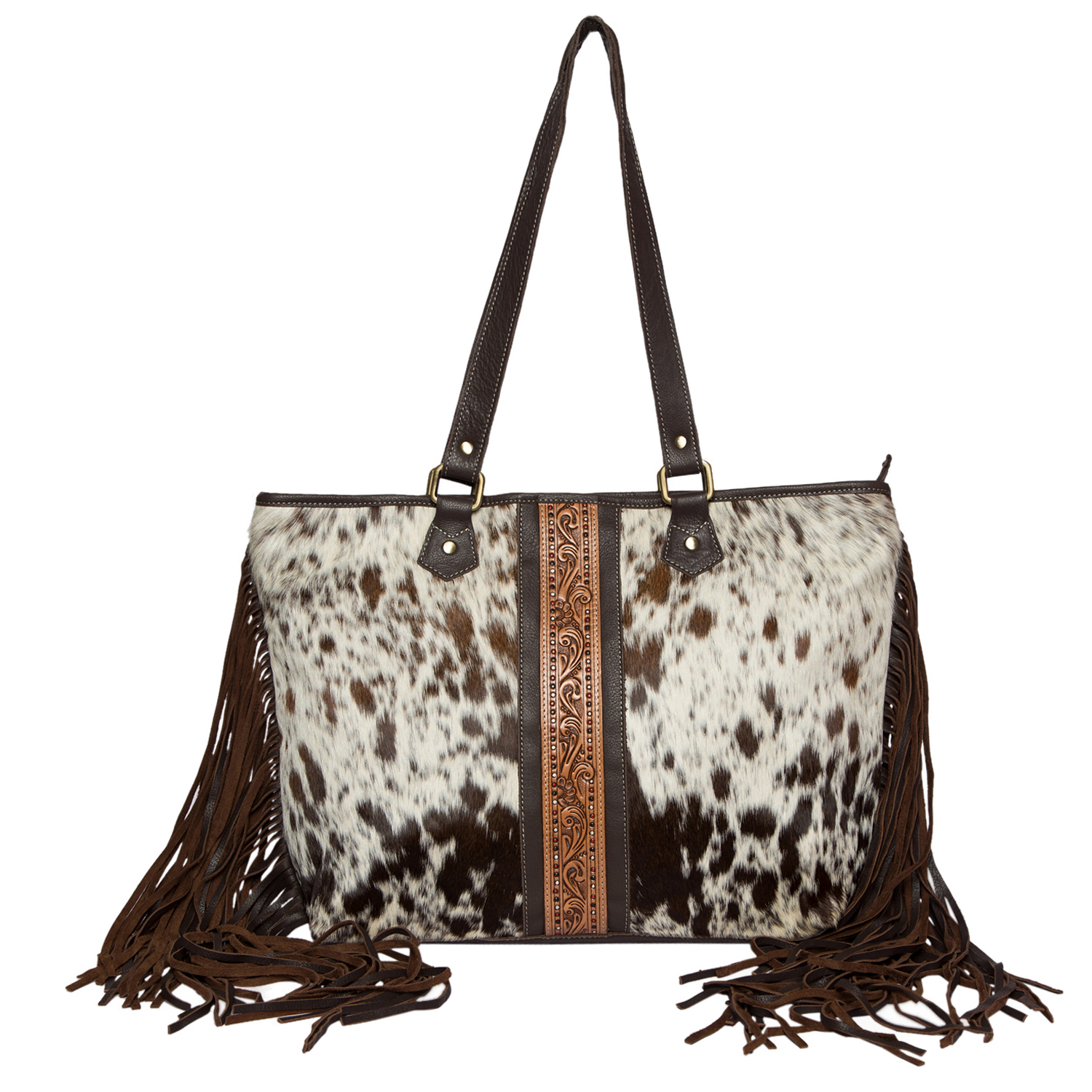 The Navarino | Hand-Painted Tooling Leather Big Cowhide Bag with Fringes