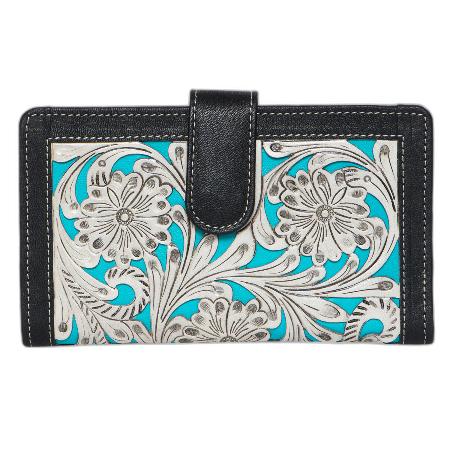 The TLW25 TURQ | Tooling Leather Carved Clutch Wallet with Turquoise Base
