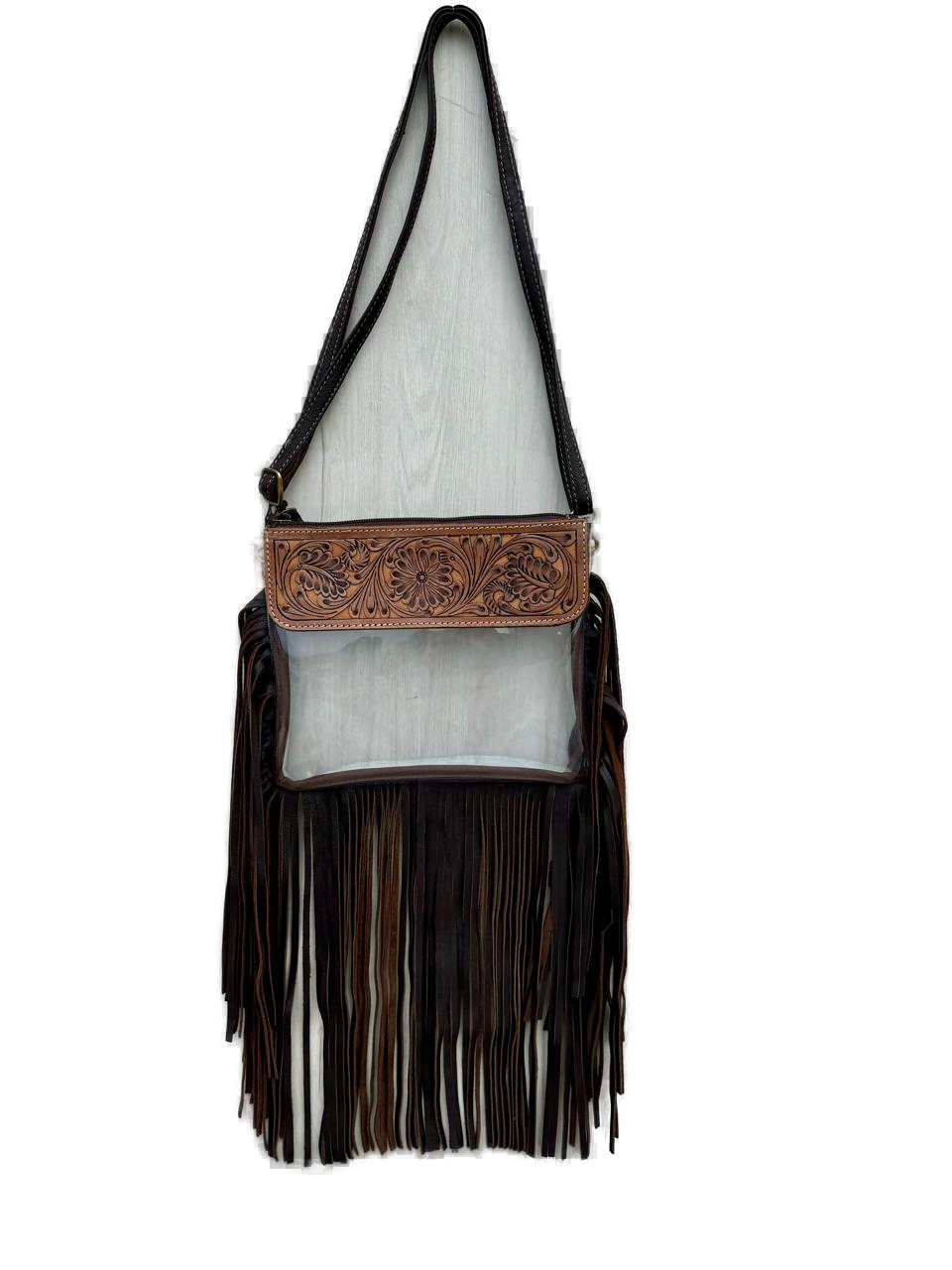 The Clear PVC Clutch | Tooling Leather and Clear PVC Clutch Bag with Fringes