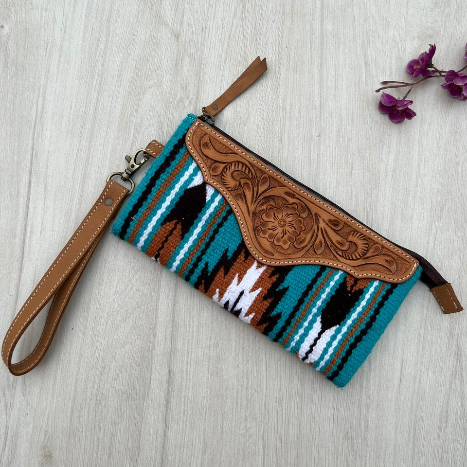 The Turq | Saddle Blanket Clutch with Tooled Leather